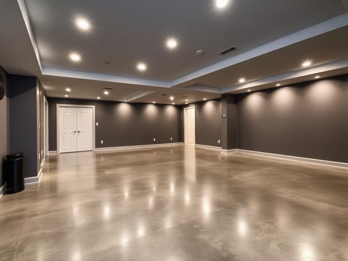 Finished basement with polished concrete floor
