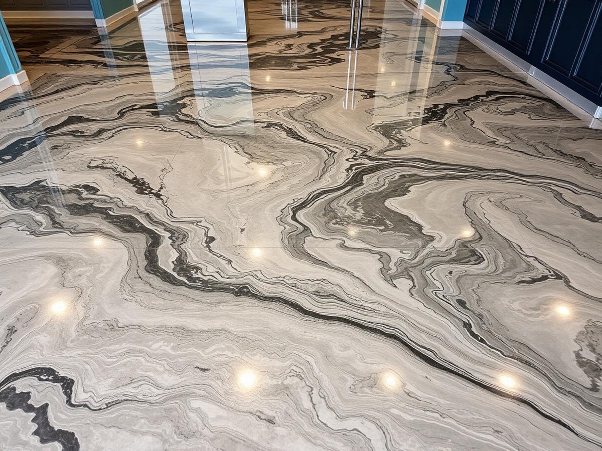 Metallic epoxy floor with silver and charcoal swirls